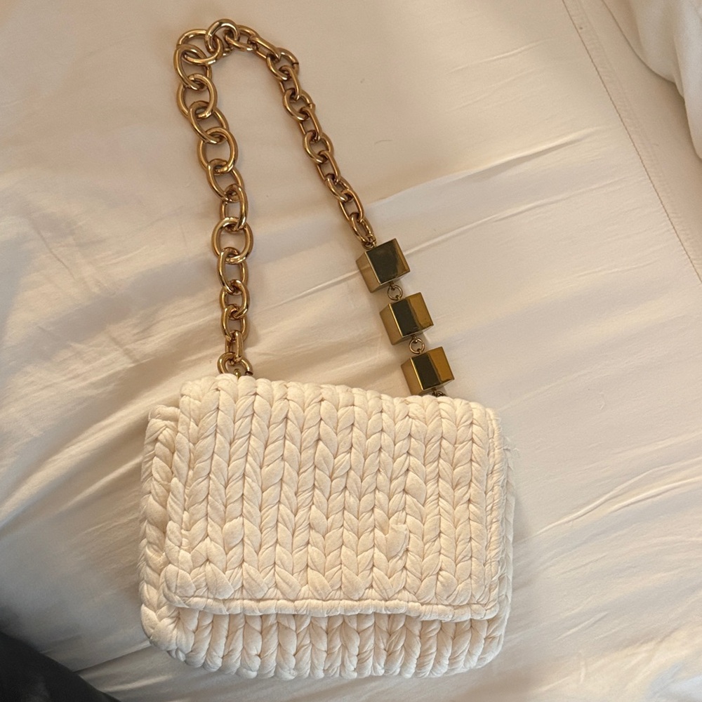 Zara White Braided Bag with Gold Chain